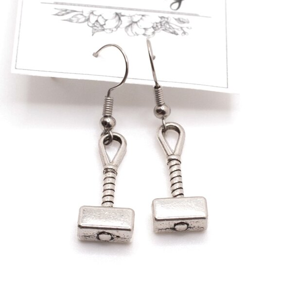 Handmade Silvertone Mjolnir (Marvel Thor's Hammer) Hanging Earrings, New - Picture 1 of 2